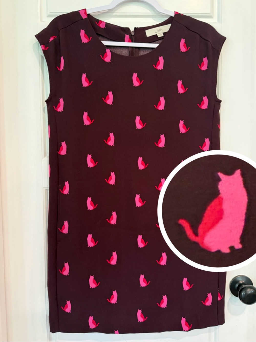 LOFT Cat Print Shift Dress XS Maroon Red Hot Pink Sleeveless Mini Dress NWOT